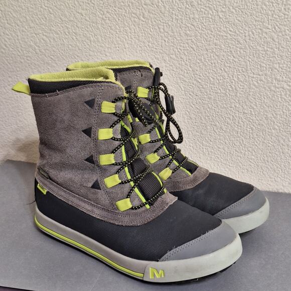 Merrell youth Dry Snow Bank Snow Lined Boots Kids Size 3 Grey Lime J95971 EUC - Picture 1 of 6